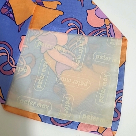 Peter Max Silk Tie Signed Pop Art Vintage Blue w Wizard Print Peach Purple Paste - Picture 7 of 10